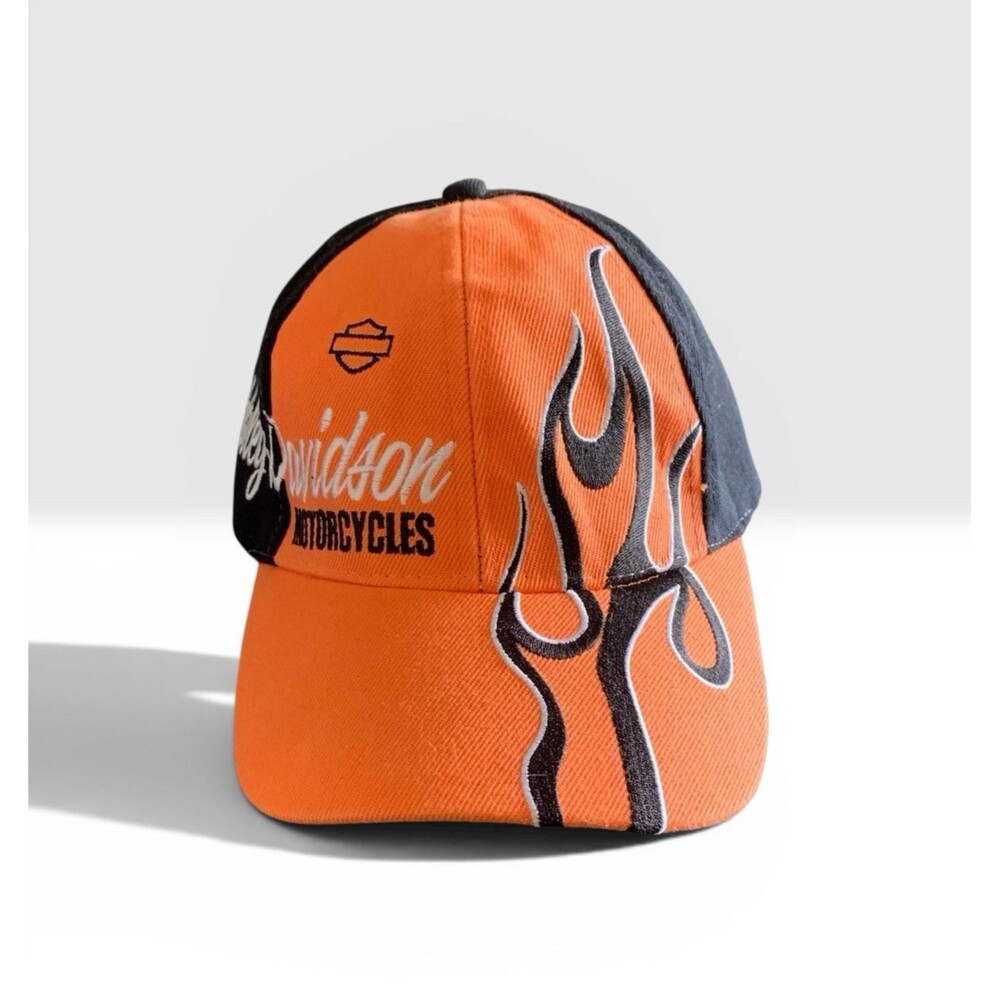 Harley-Davidson Orange Black Flame Embroidered Adjustable Cap Hat Motorcycles